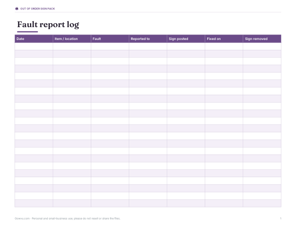 Preview of Printable Fault Log Sheet