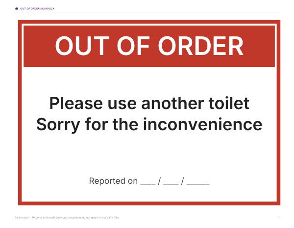 Preview of Printable Out of Order Toilet Sign
