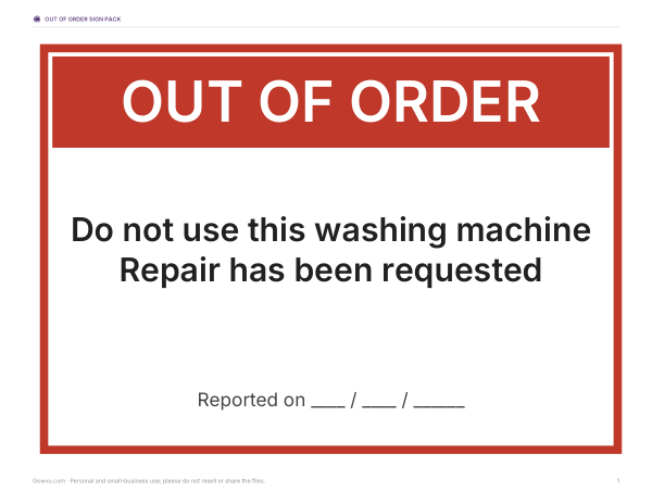Preview of Printable Washing Machine Out of Order Sign